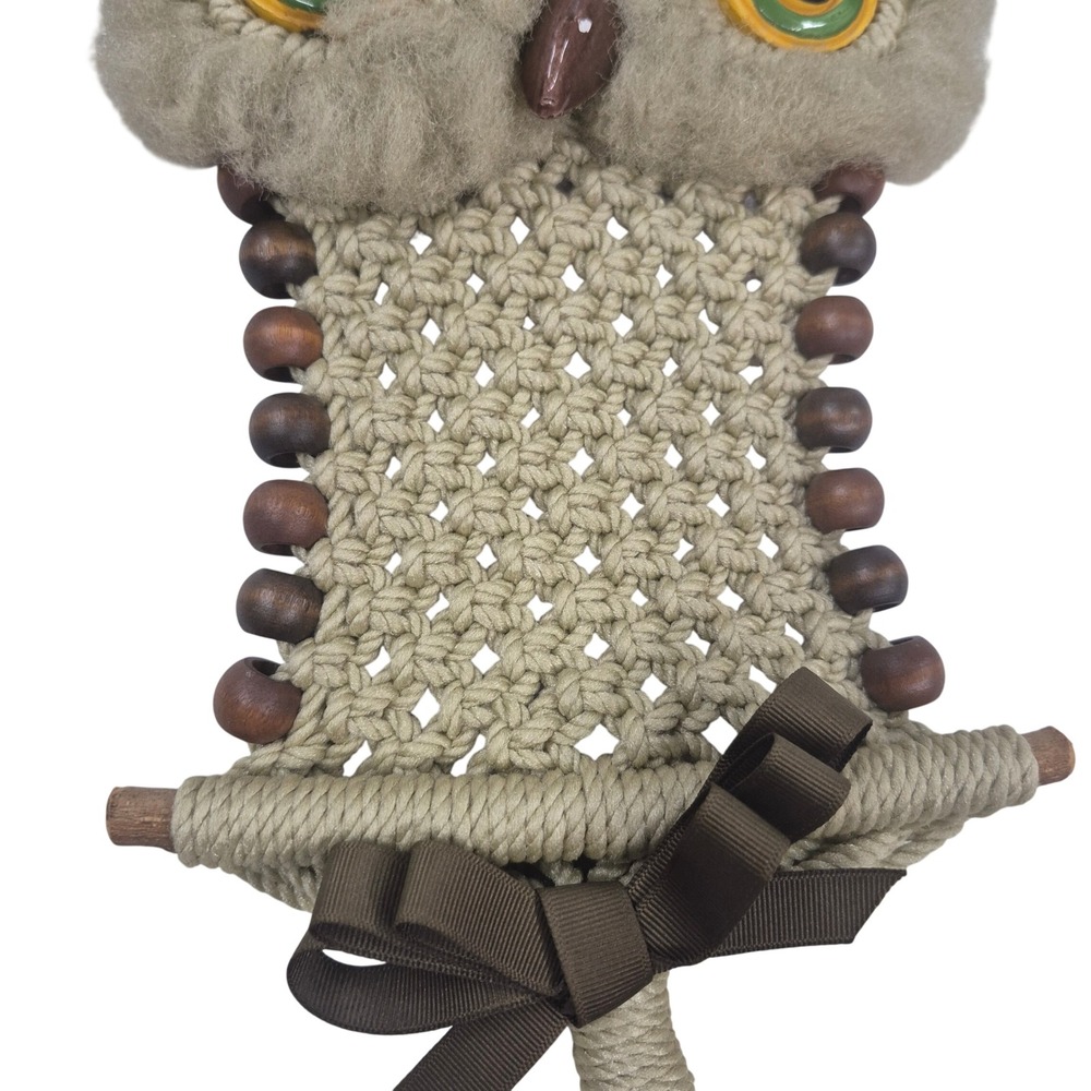 Vintage Macrame Owl Wall Hanging Boho Wood Bead‎ Tassel Decor Beige 17 Inch - Picture 4 of 9